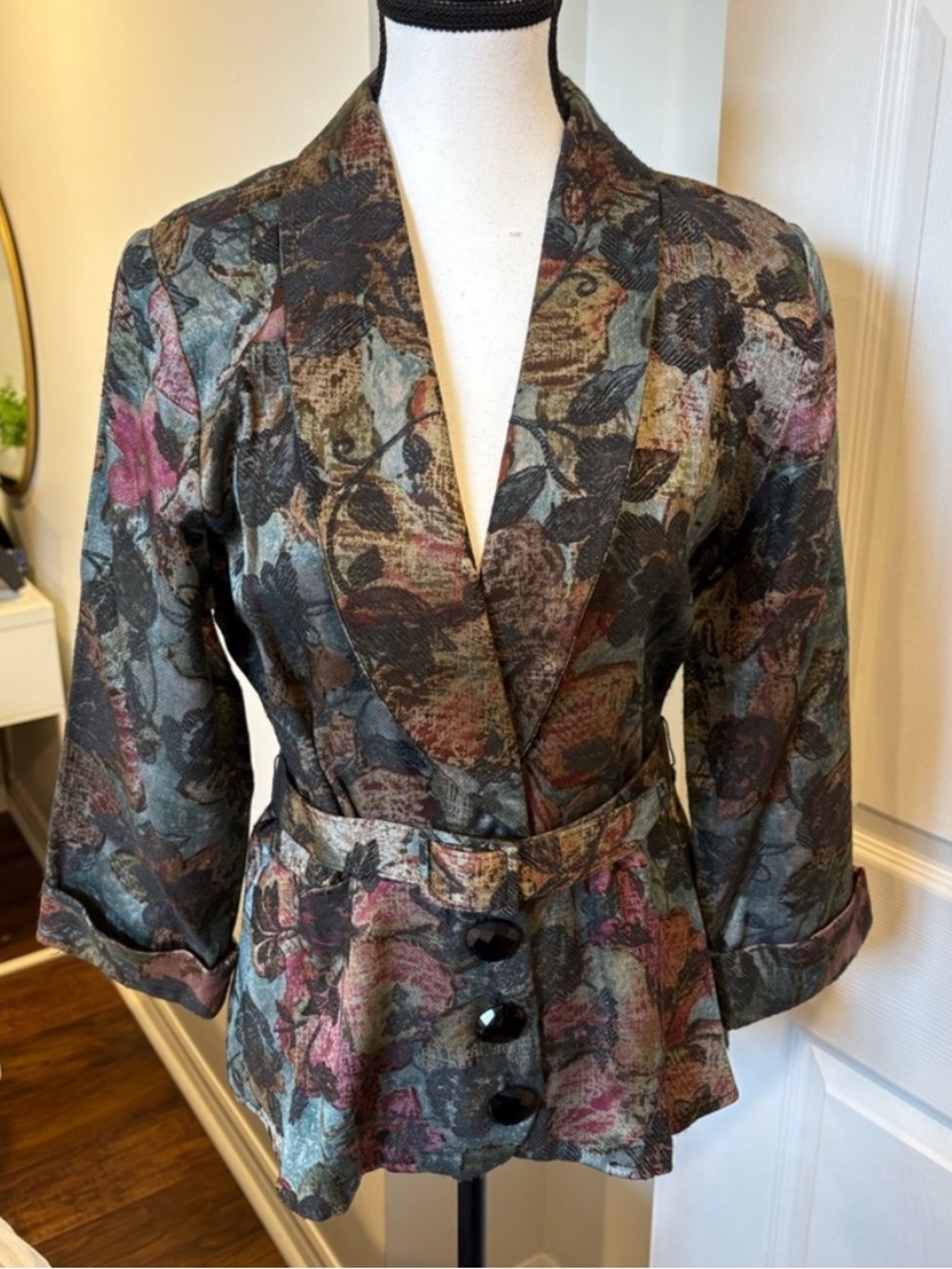Vintage 90s Tapestry Floral Belted Blazer Jacket Size 10